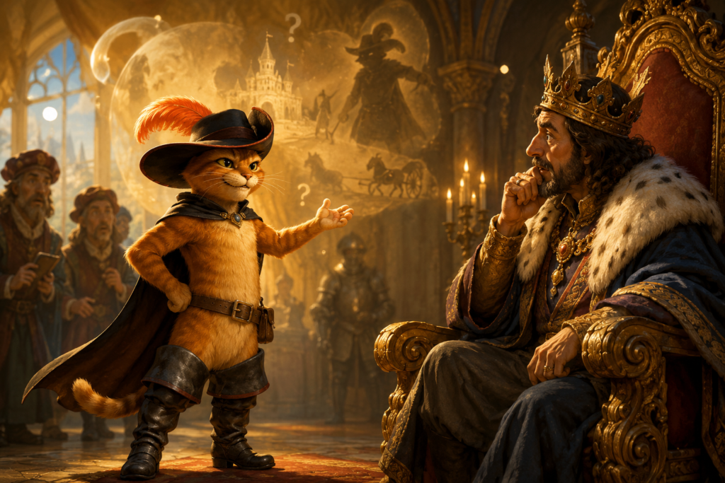 A confident orange cat in boots speaks persuasively to a king seated on a throne in a royal castle, illustrating the influence of confidence and persuasion in the classic fairy tale Puss in Boots.